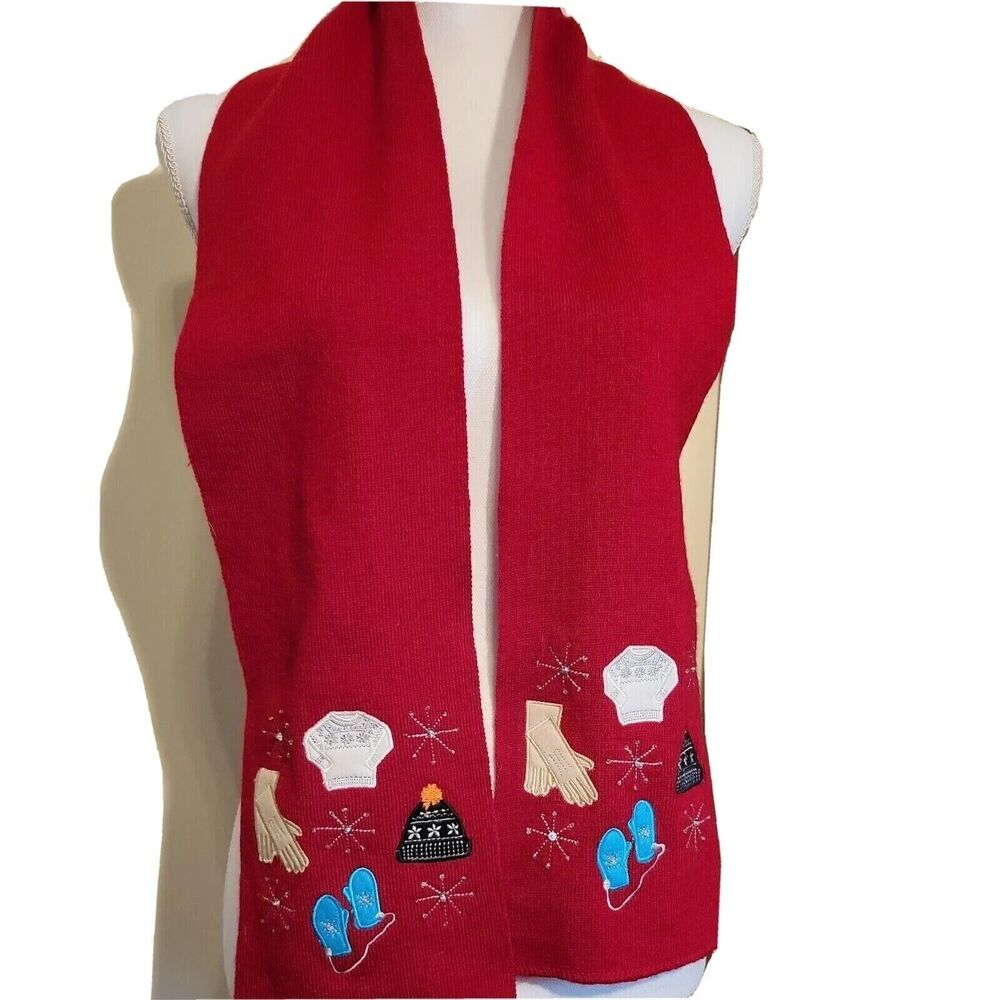 COLLECTION XIIX LTD Red Scarf Winter Clothes Holiday Christmas Snow Embroidered